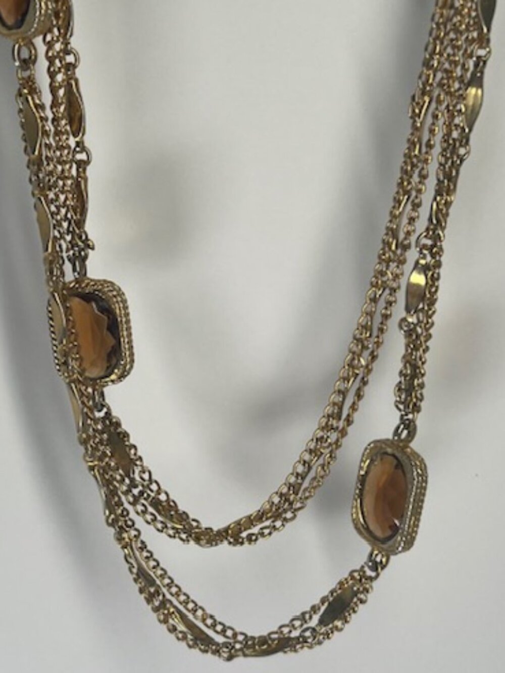 Vintage SARAH COVENTRY 53” Gold-Tone Triple Chain Necklace Amber Glass Stones - Picture 2 of 10